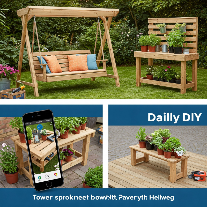 DIY-Projekte von der Idee bis zur Fertigstellung, einschliesslich einer Gartenschaukel und eines Pflanztisches.