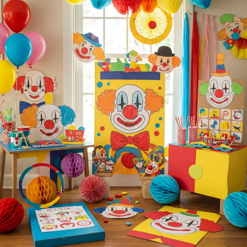Selbstgebastelte Clowndeko und Clown-Spiel für Kinderparty