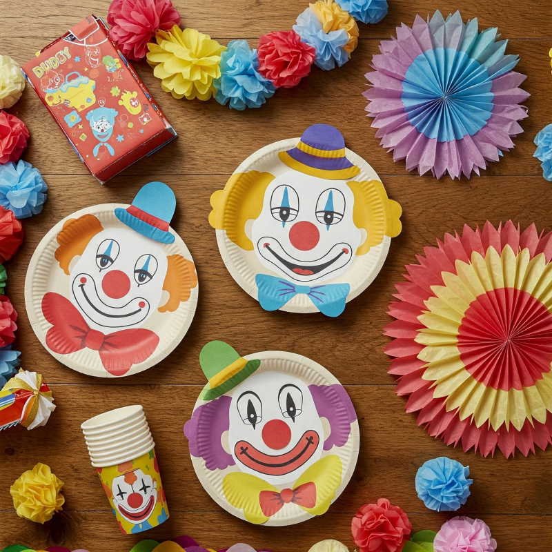 DIY-Basteldeko: Bunte Clowngirlanden und Clownsgesichter aus Papier.